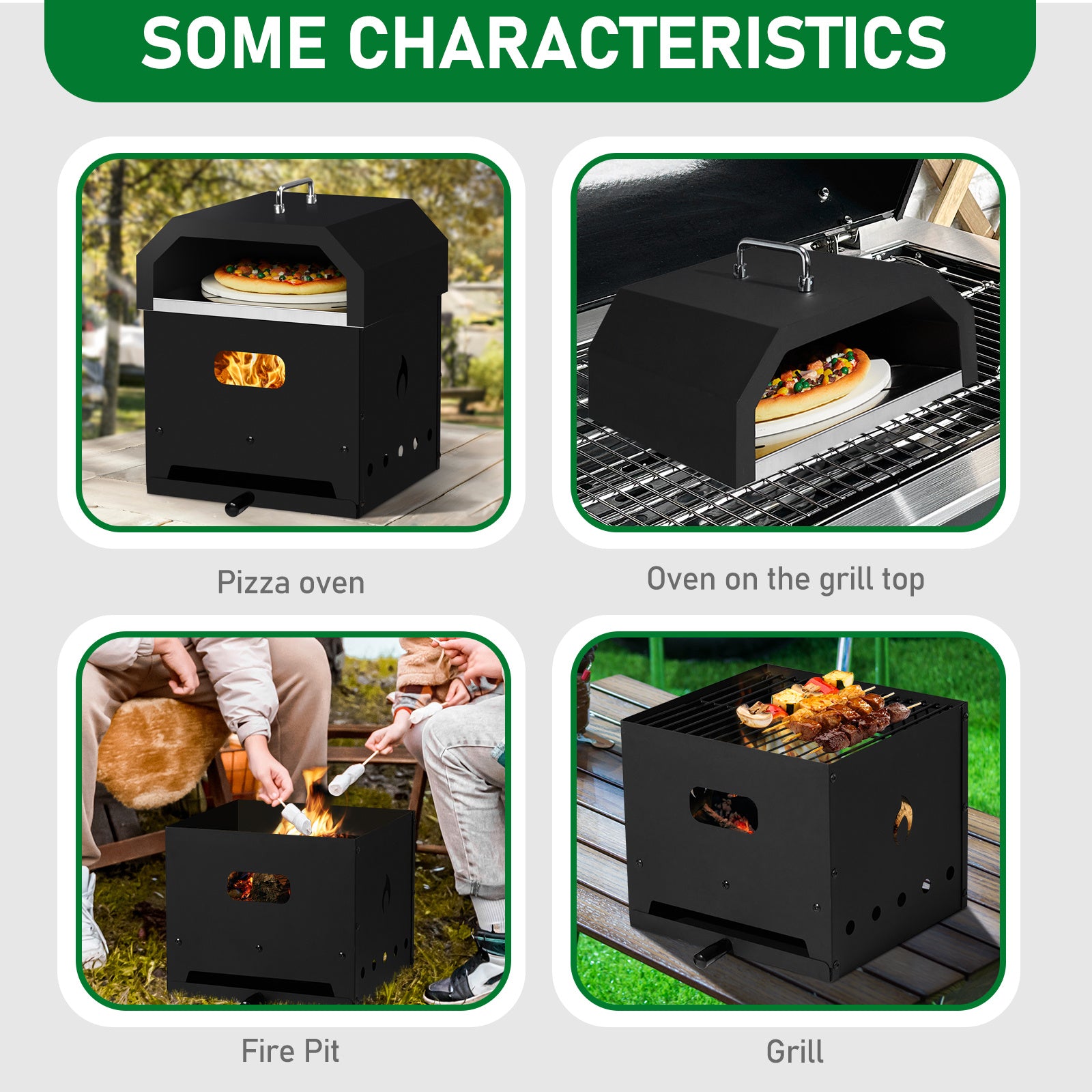 REYVON Black, Square 4-in-1 Outdoor Wood-Fired, Charcoal,& BBQ Grill