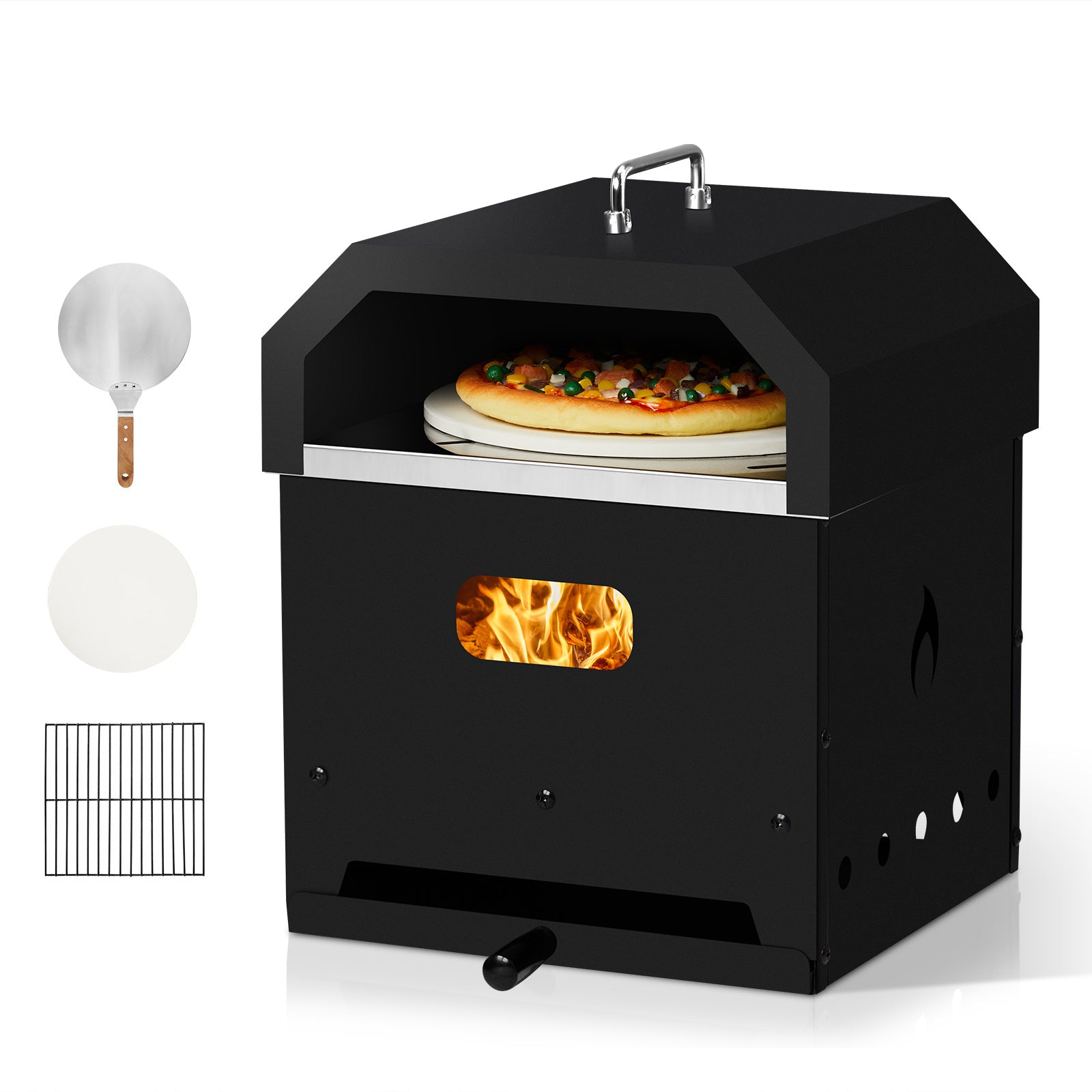 REYVON Black, Square 4-in-1 Outdoor Wood-Fired, Charcoal,& BBQ Grill