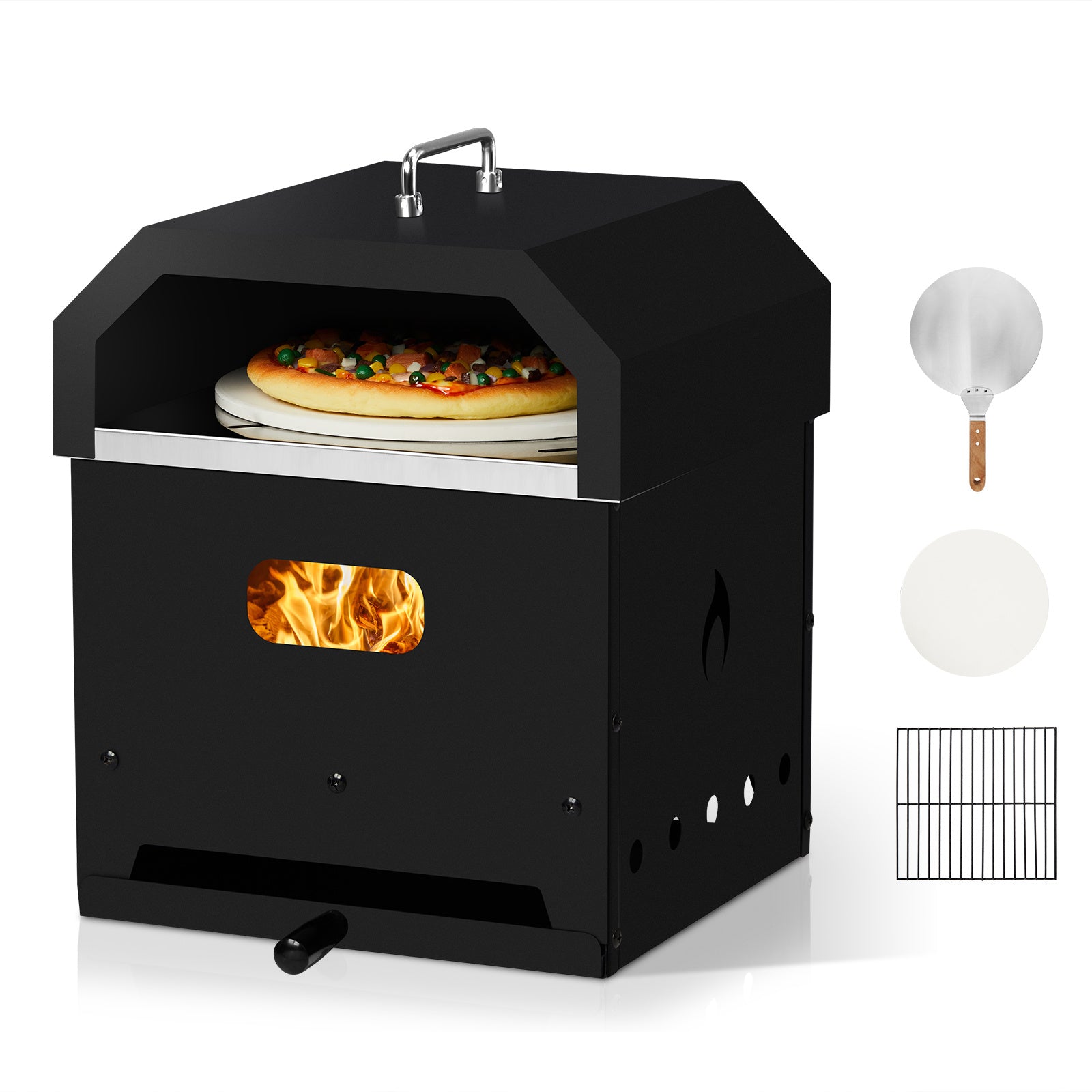 REYVON Black, Square 4-in-1 Outdoor Wood-Fired, Charcoal,& BBQ Grill