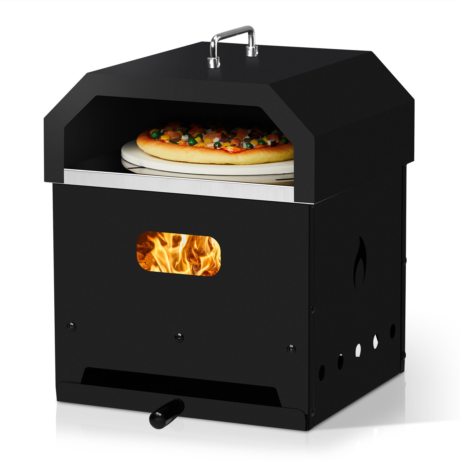 REYVON Black, Square 4-in-1 Outdoor Wood-Fired, Charcoal,& BBQ Grill