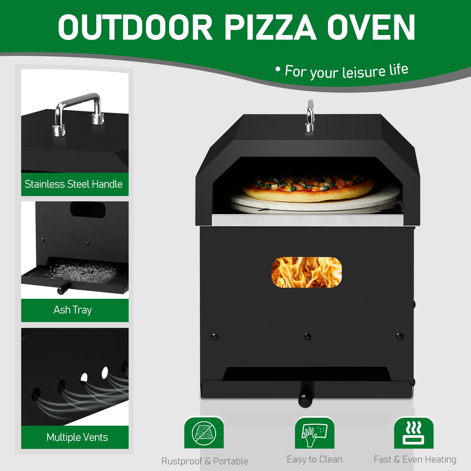 REYVON Black, Square 4-in-1 Outdoor Wood-Fired, Charcoal,& BBQ Grill